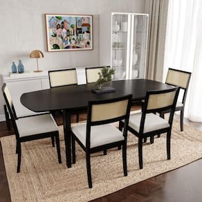 Conjunto Mesa Extensível Oval 6 Cadeira Madeira Maciça Encosto Telado Tiê CabeCasa MadeiraMadeira Preto/Bege Claro