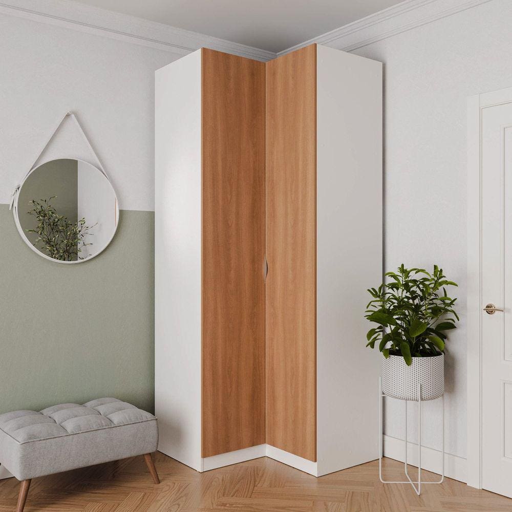 Guarda Roupa de Canto Reto Modular 3 Prateleiras 2 Gavetas Hera CabeCasa MadeiraMadeira Branco Geada/Louro