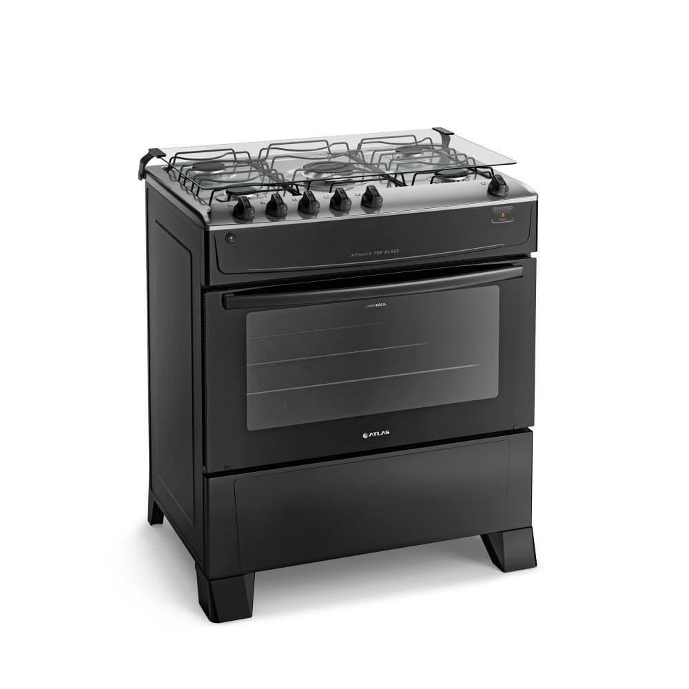 Fogão 5 Bocas Preto Com Mesa Inox Atlas Mônaco Top Bivolt
