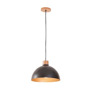 Pendente Viena Ø30cm Preto/Dourado/Madeira 1xE27 - Madelustre