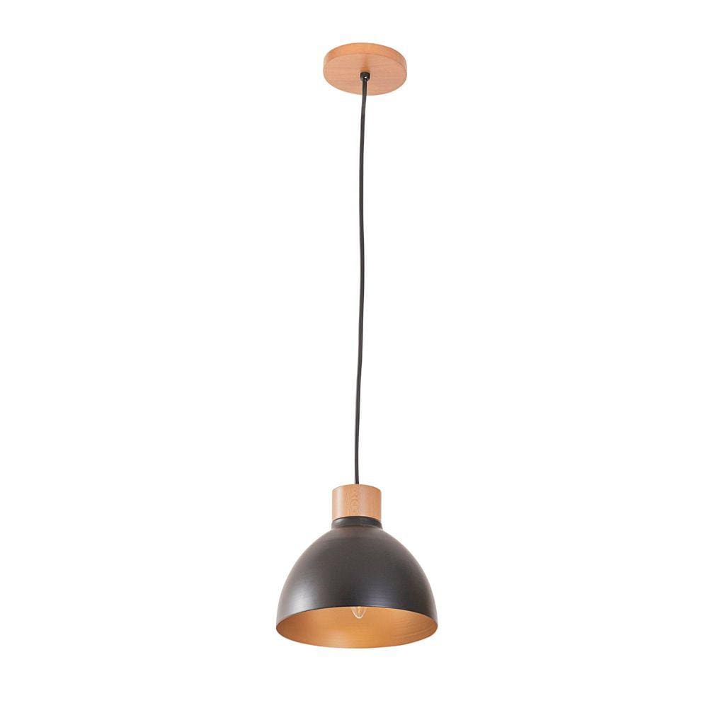 Pendente Viena Ø20cm Preto/Dourado/Madeira 1xE27 - Madelustre