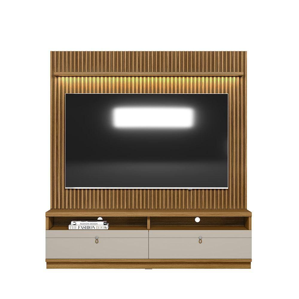 Rack com Painel Ripado Para Sala de Estar Tv até 75`` Barcelona L01 Nature Off White Clique Chique