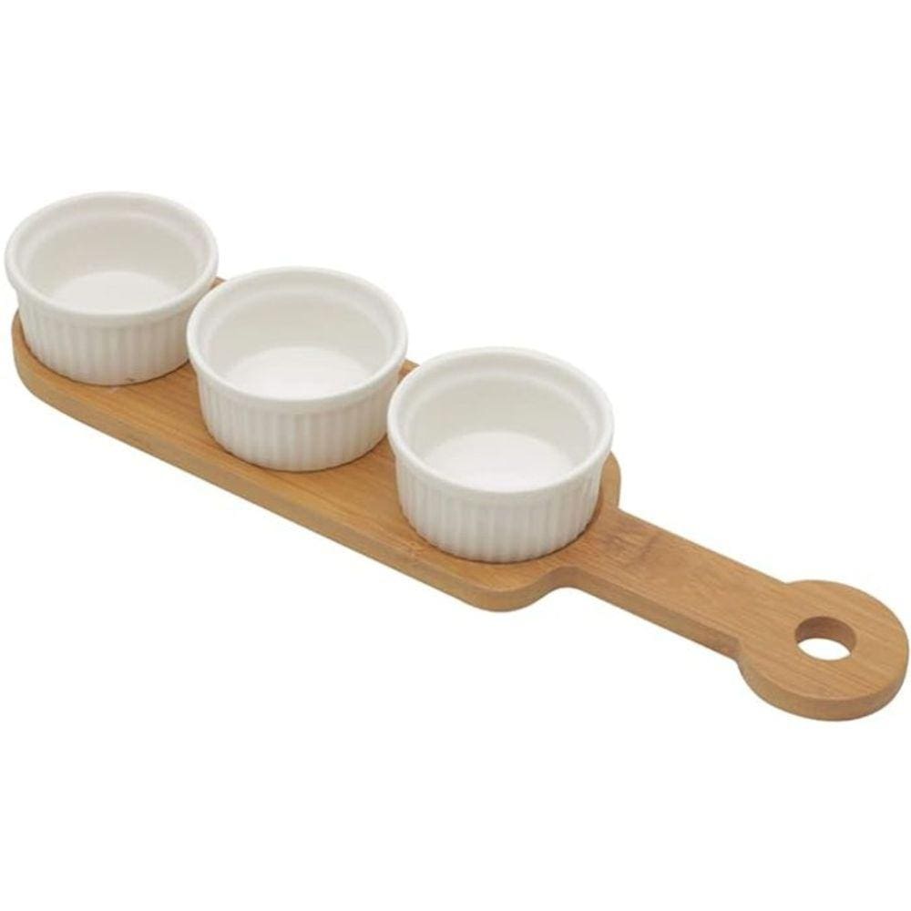 Conjunto 3 Petisqueiras de Porcelana com Suporte de Bambu 33
