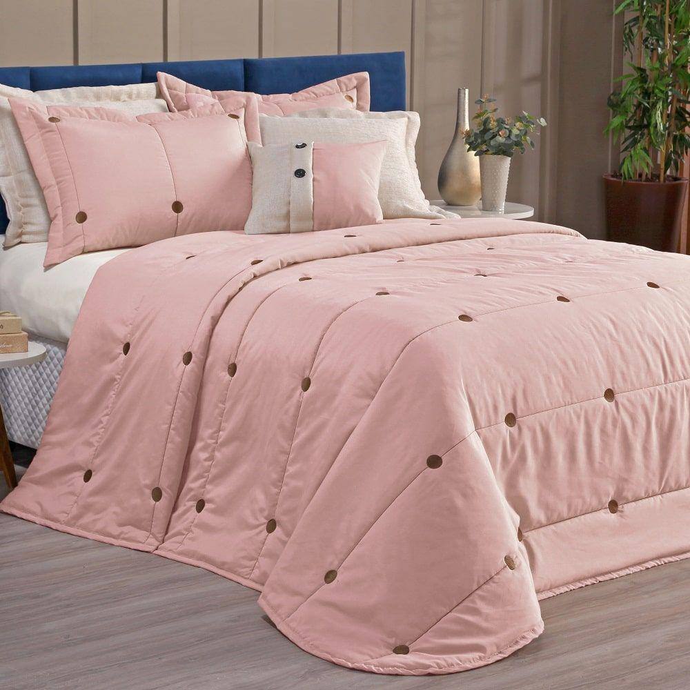 Cobre Leito Button Queen Bordado 7 pçs Rosa