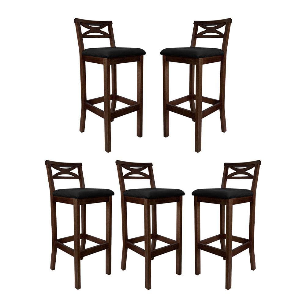 Kit 5 Banquetas Media Estofada para Bancada Madri Madeira Capuccino Suede Preto CCS