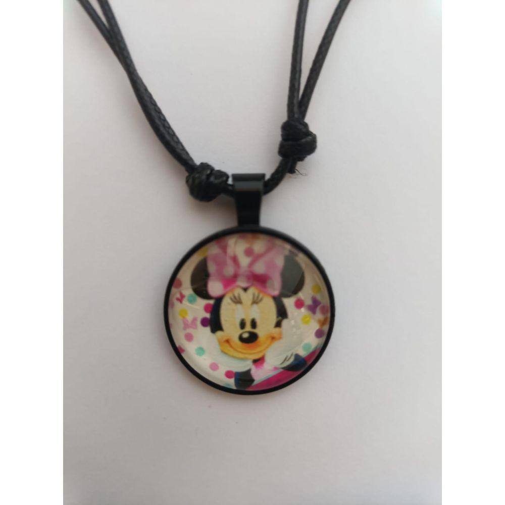 Colar Ajustavel Minnie Mouse Pingente Cabochon Redondo Vidro