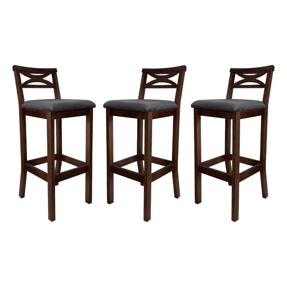 Kit 3 Banquetas Alta Estofada para Bancada Madri Madeira Capuccino Suede Cinza CCS