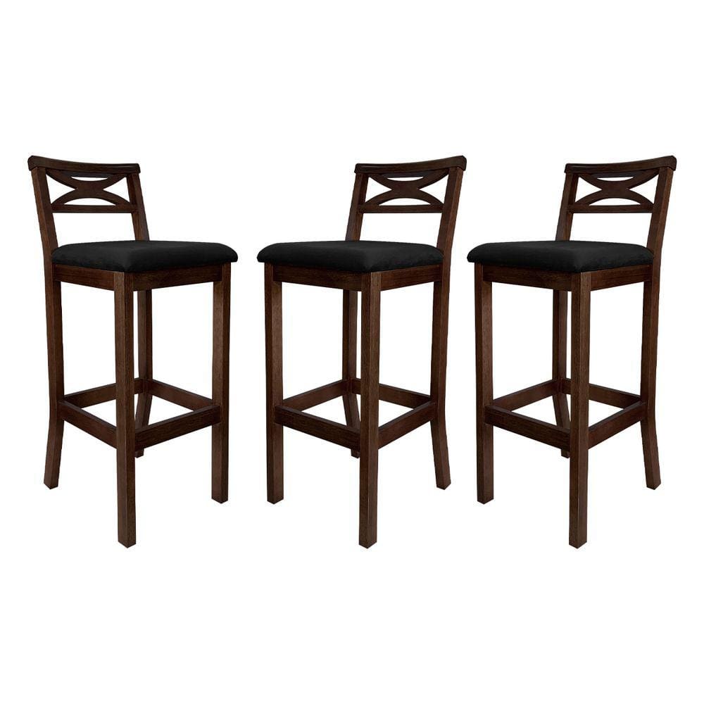 Kit 3 Banquetas Alta Estofada para Bancada Madri Madeira Capuccino Suede Preto CCS