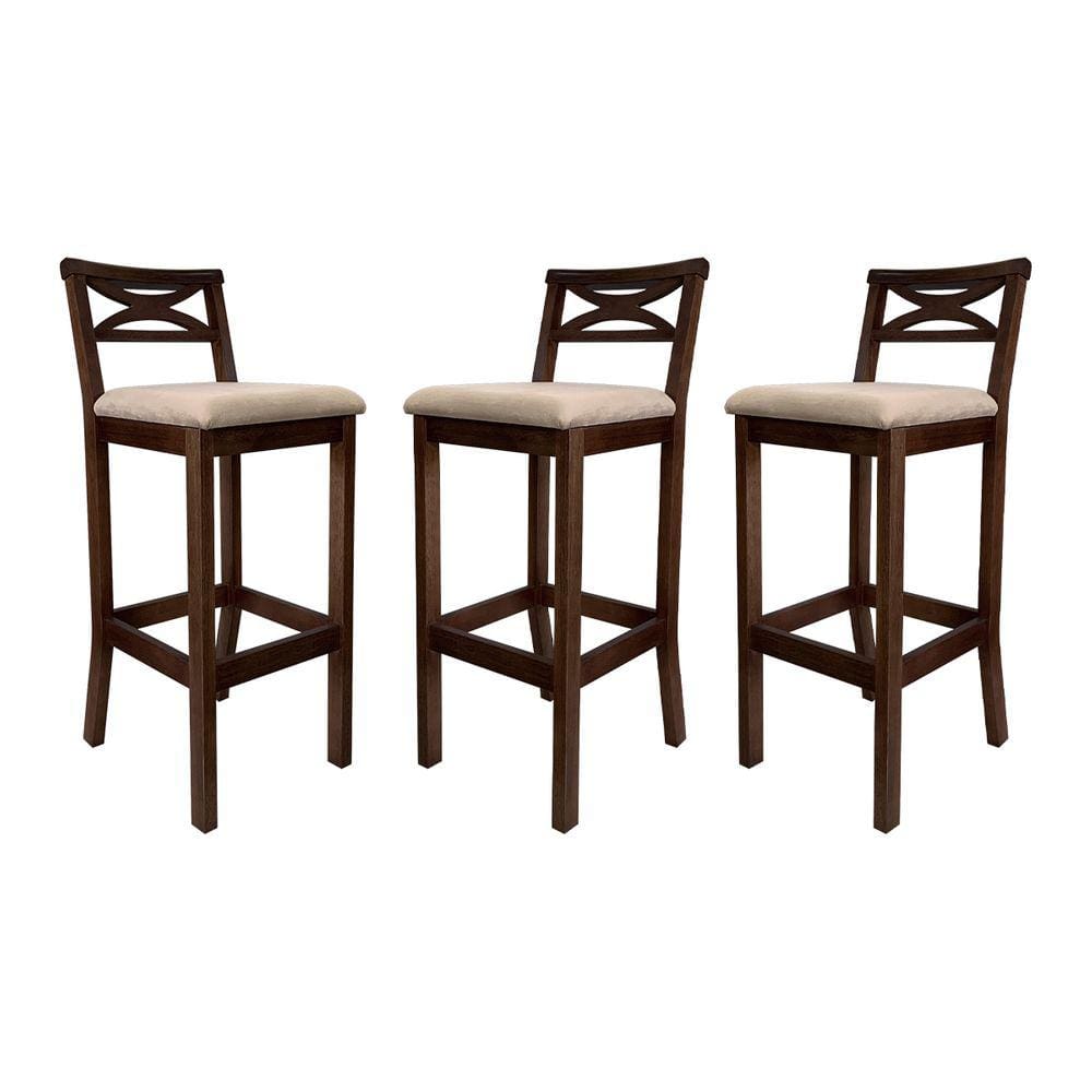 Kit 3 Banquetas Alta Estofada para Bancada Madri Madeira Capuccino Suede Bege CCS