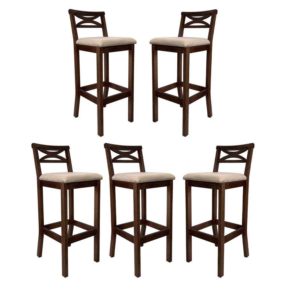 Kit 5 Banquetas Media Estofada para Bancada Madri Madeira Capuccino Suede Bege CCS