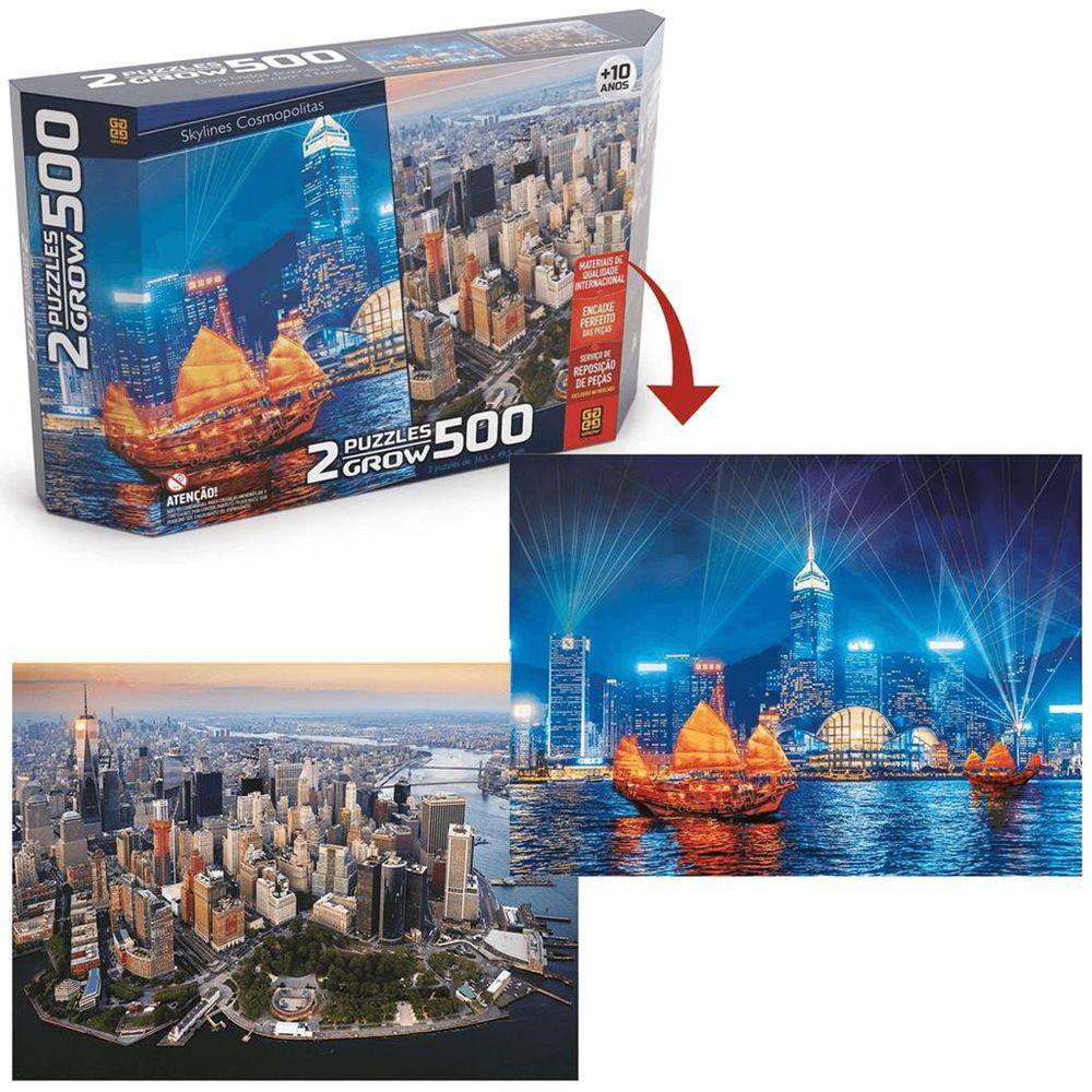 Quebra Cabeça Duplo Luzes de Hong Kong e New York 500 Peças