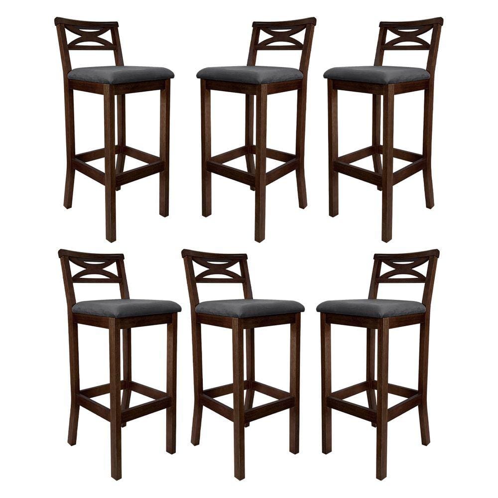 Kit 6 Banquetas Alta Estofada para Bancada Madri Madeira Capuccino Suede Cinza CCS