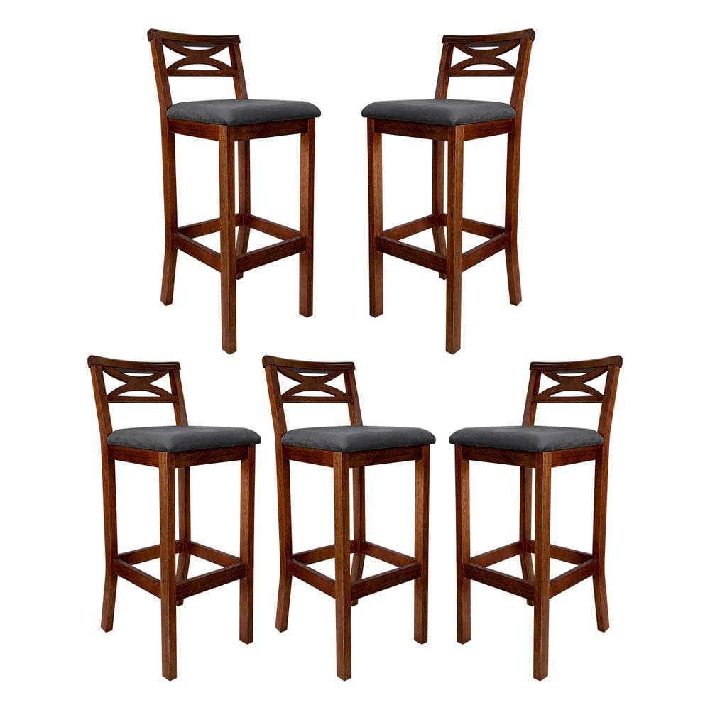 Kit 5 Banquetas Média Estofada para Bancada Madri Madeira Castanho Suede Cinza CCS