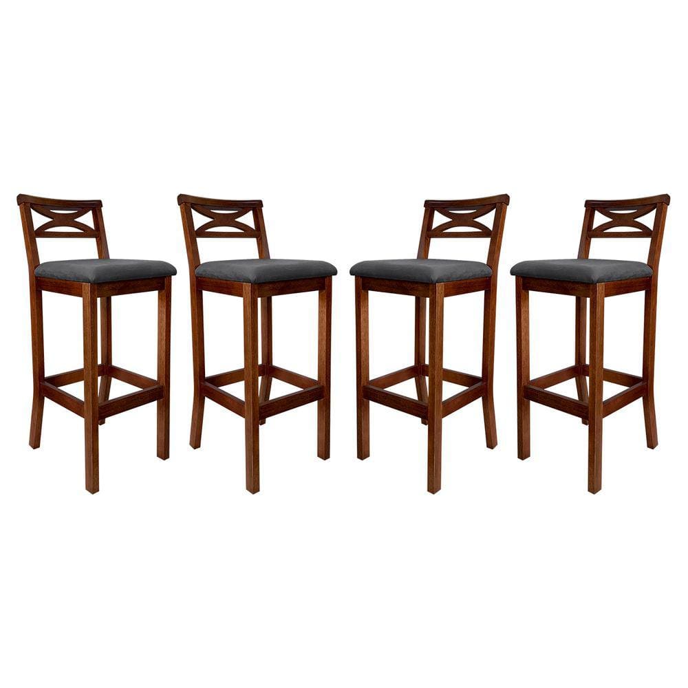 Kit 4 Banquetas Média Estofada para Bancada Madri Madeira Castanho Suede Cinza CCS