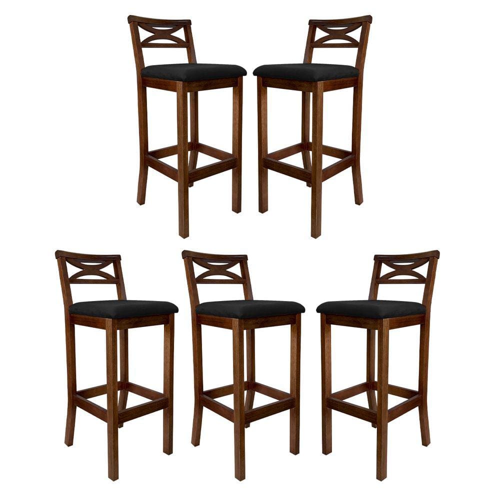 Kit 5 Banquetas Alta X Estofada 38x103Cm Ilha Encosto Madri Madeira Maciça Pinhão Suede Preto CCS