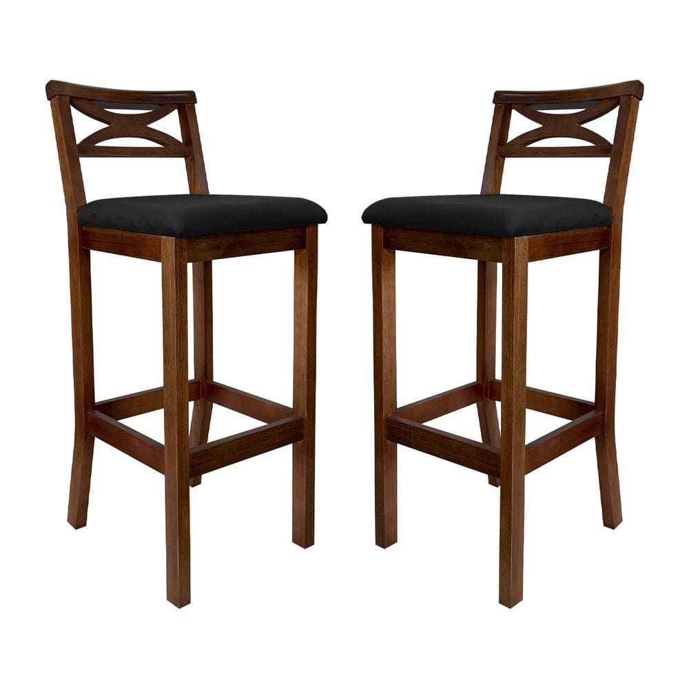 Kit 2 Banquetas Alta X Estofada 38x103Cm Ilha Encosto Madri Madeira Maciça Pinhão Suede Preto CCS