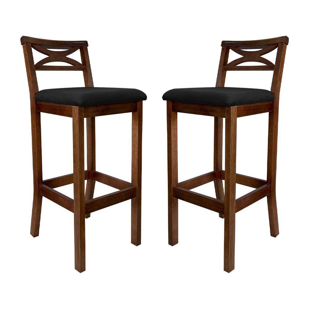 Kit 2 Banquetas Alta Estofada 38x103Cm Ilha Encosto Madri Madeira Maciça Castanho Suede Preto CCS