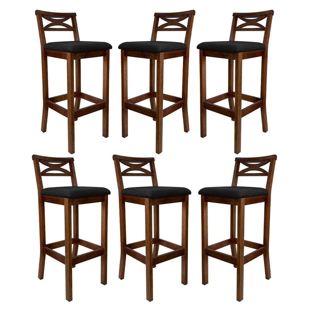 Kit 6 Banquetas Alta Estofada 38x103Cm Ilha Encosto Madri Madeira Maciça Castanho Suede Preto CCS