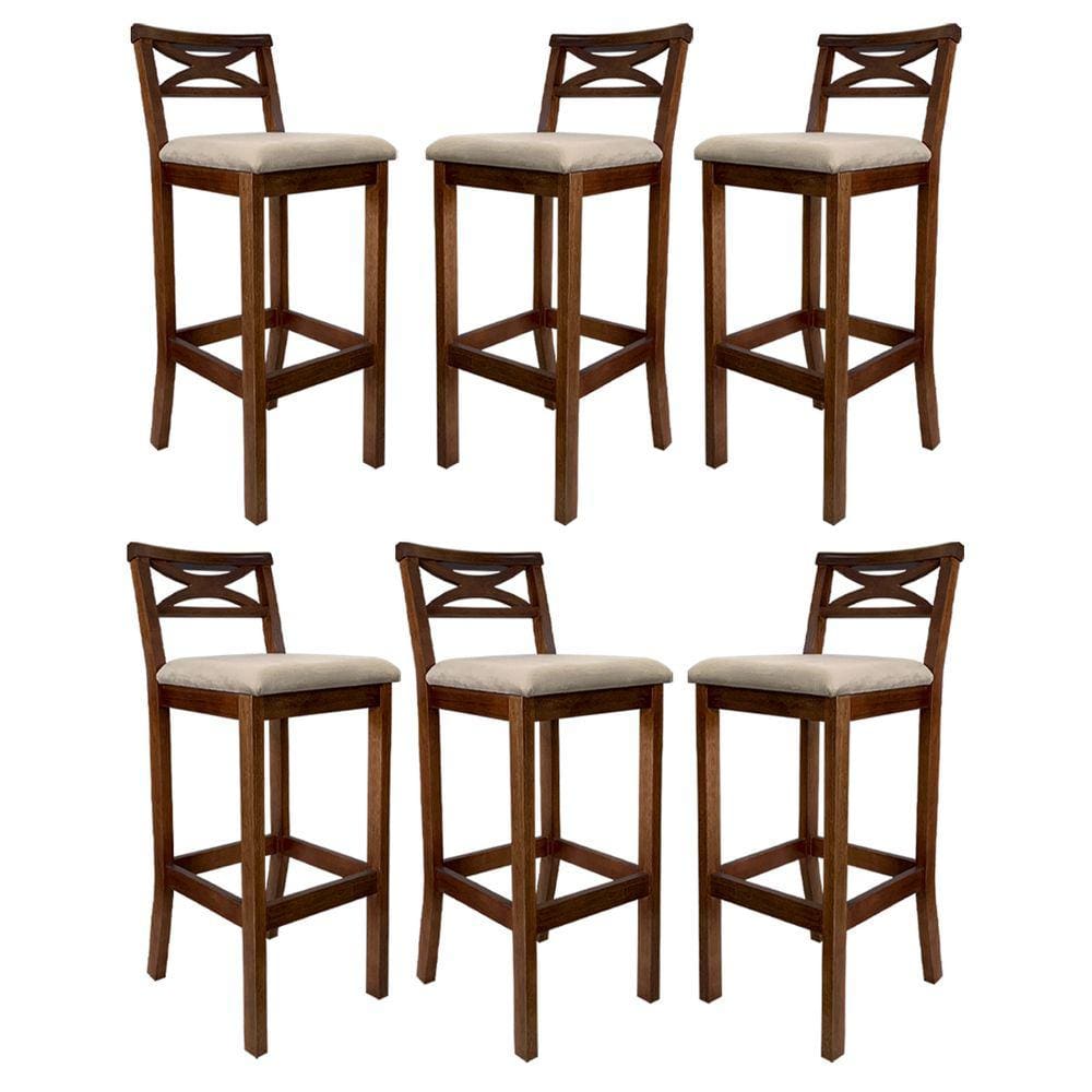 Kit 6 Banquetas Alta X Estofada 38x103Cm Ilha Encosto Madri Madeira Maciça Castanho Suede Bege CCS