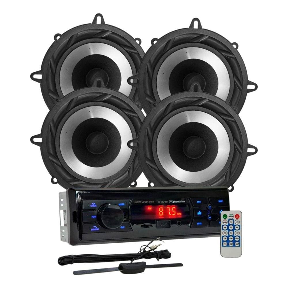 Rádio Roadstar RS2604BR BT/USB/SD/FM/Auxiliar + 4 Alto Falantes 5 Bomber 200w + Antena Rádio