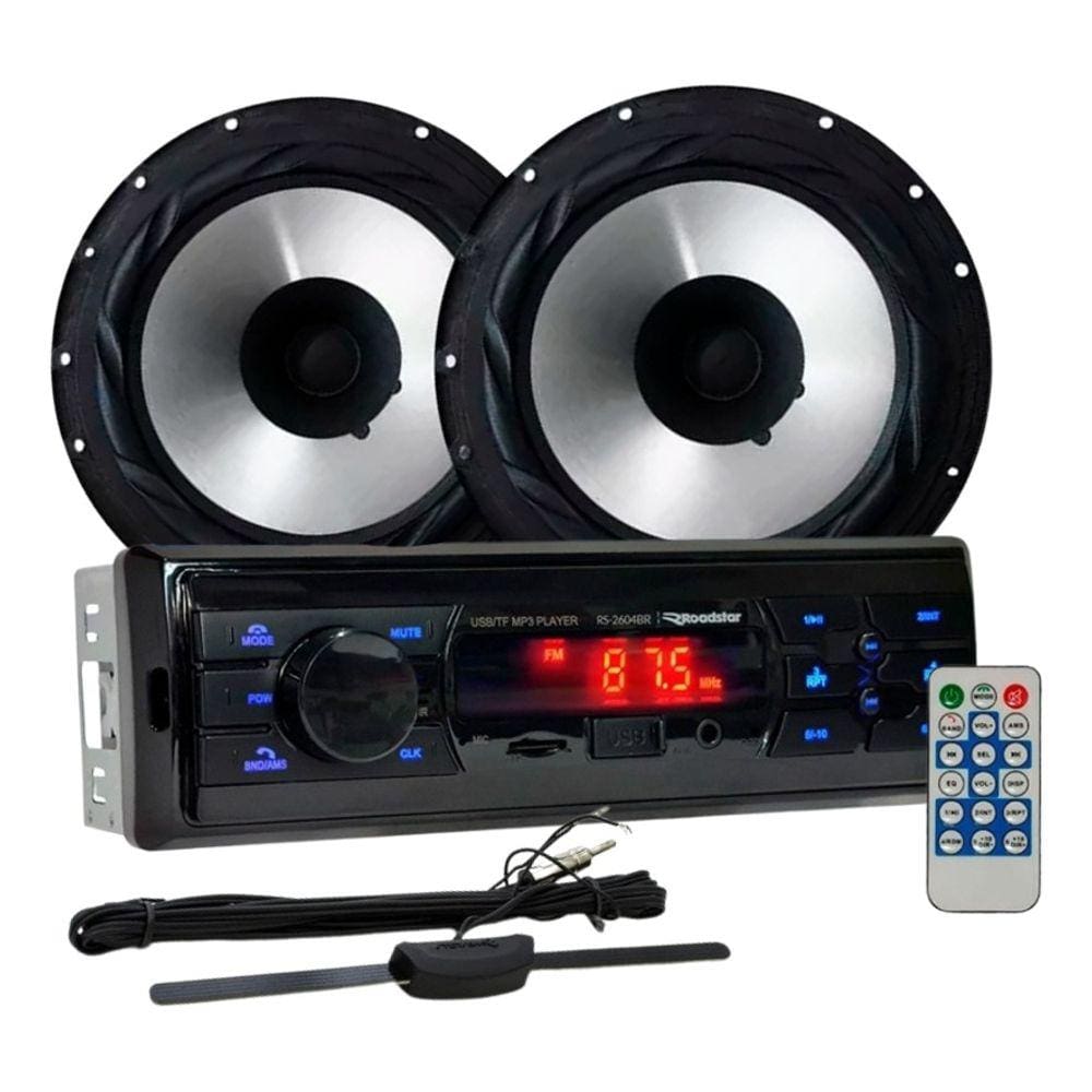 Rádio Roadstar RS2604BR BT/USB/SD/FM/Auxiliar + 2 Alto Falantes 6 Bomber 100w + Antena Rádio