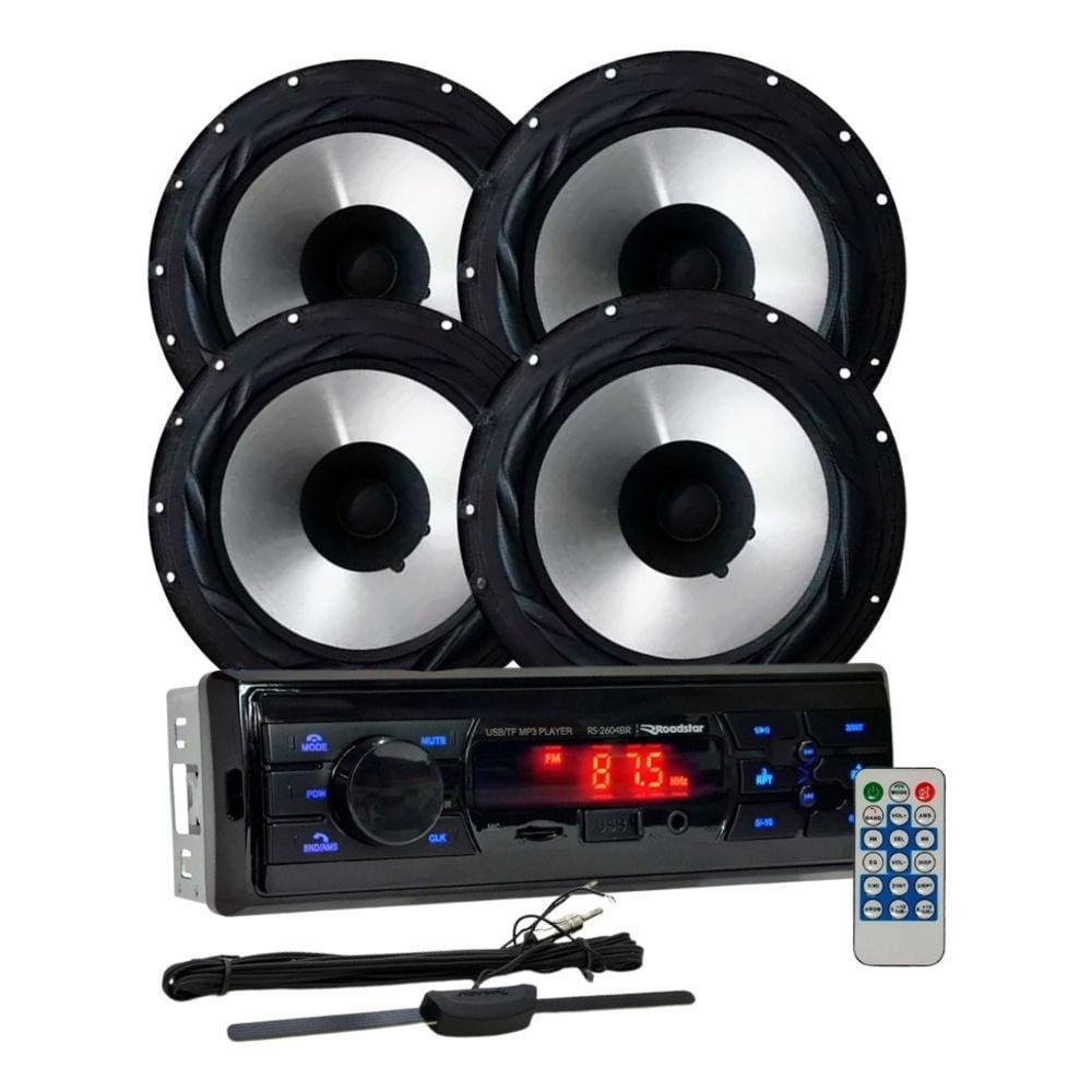 Rádio Roadstar RS2604BR BT/USB/SD/FM/Auxiliar + 4 Alto Falantes 6 Bomber 200w + Antena Rádio