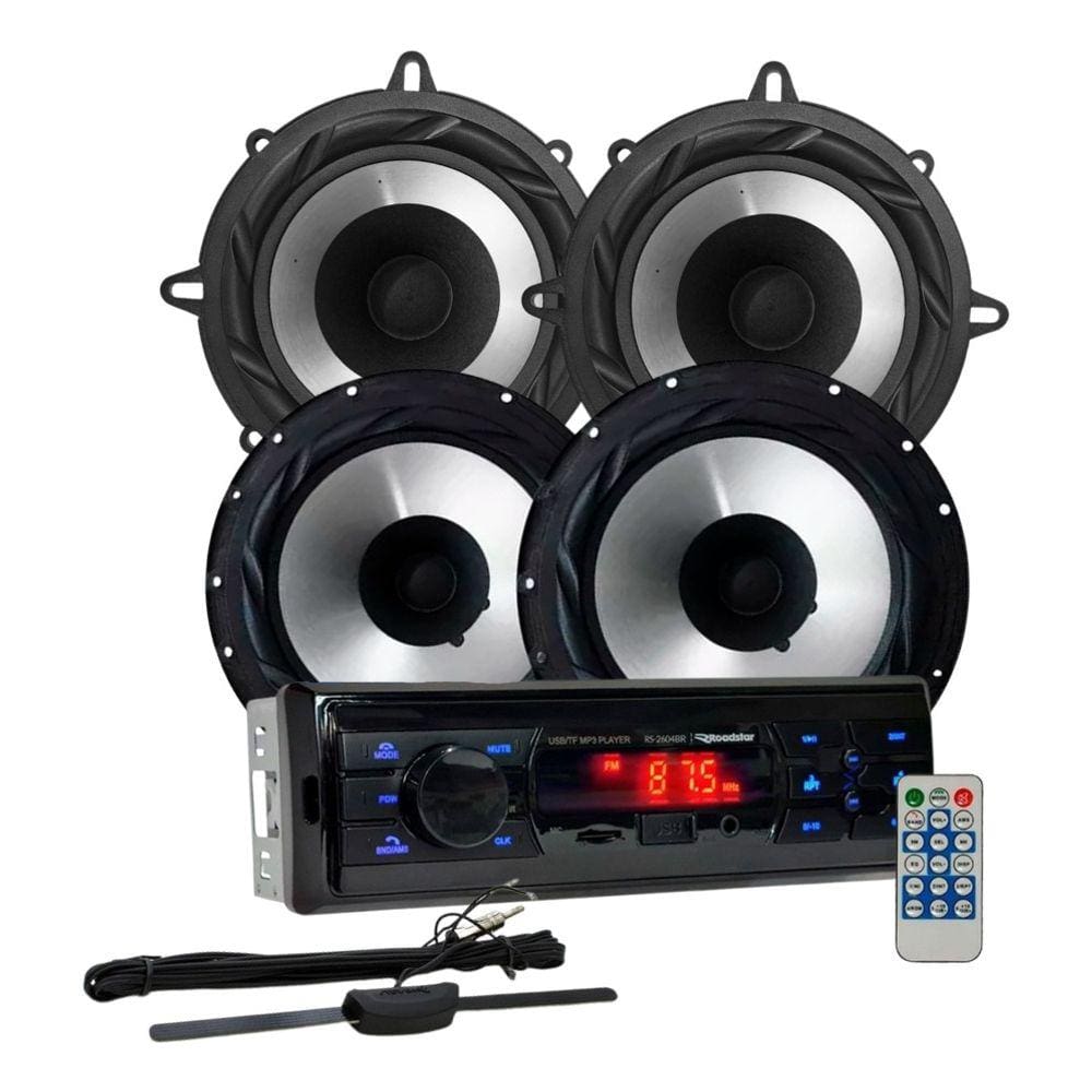 Rádio Roadstar RS2604BR BT/USB/SD/FM/AUX + Par Alto Falantes 6 e 5 Bomber 200w + Antena Rádio