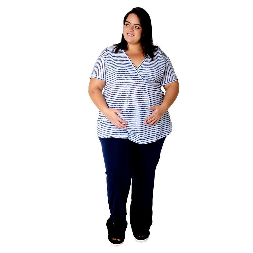 Pijama Plus Size Amamentação Calça com Blusa Manga Curta Listras Linda Gestante