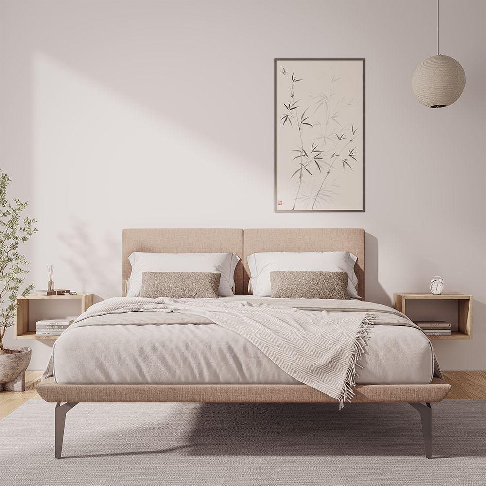 Cama Japonesa Toquio Queen com Cabeceira Almofada Linho Bege