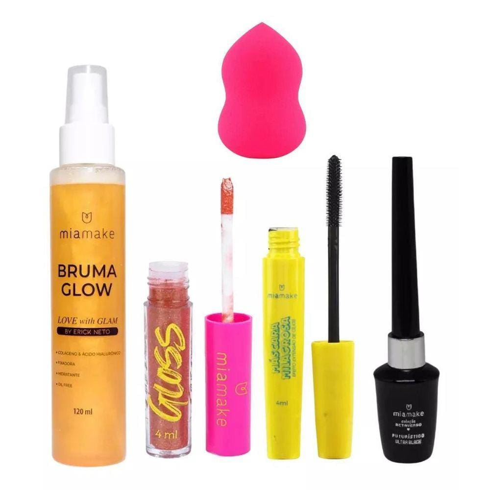Kit De Maquiagem Batom Delineador Esponja Rímel