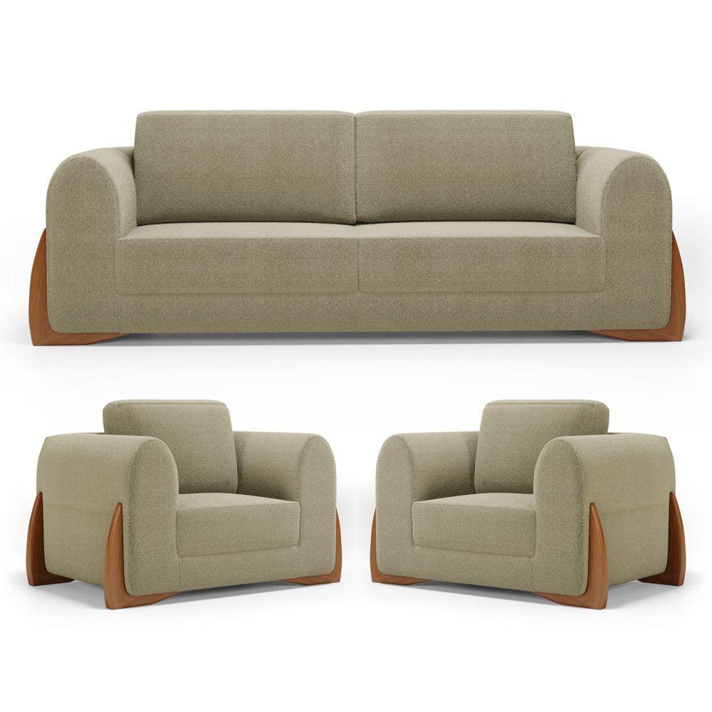 Kit 02 Poltronas e 01 Sofá Bloom 200cm 03 Lugares com Pés de Madeira Bouclê Bege - Desk Design