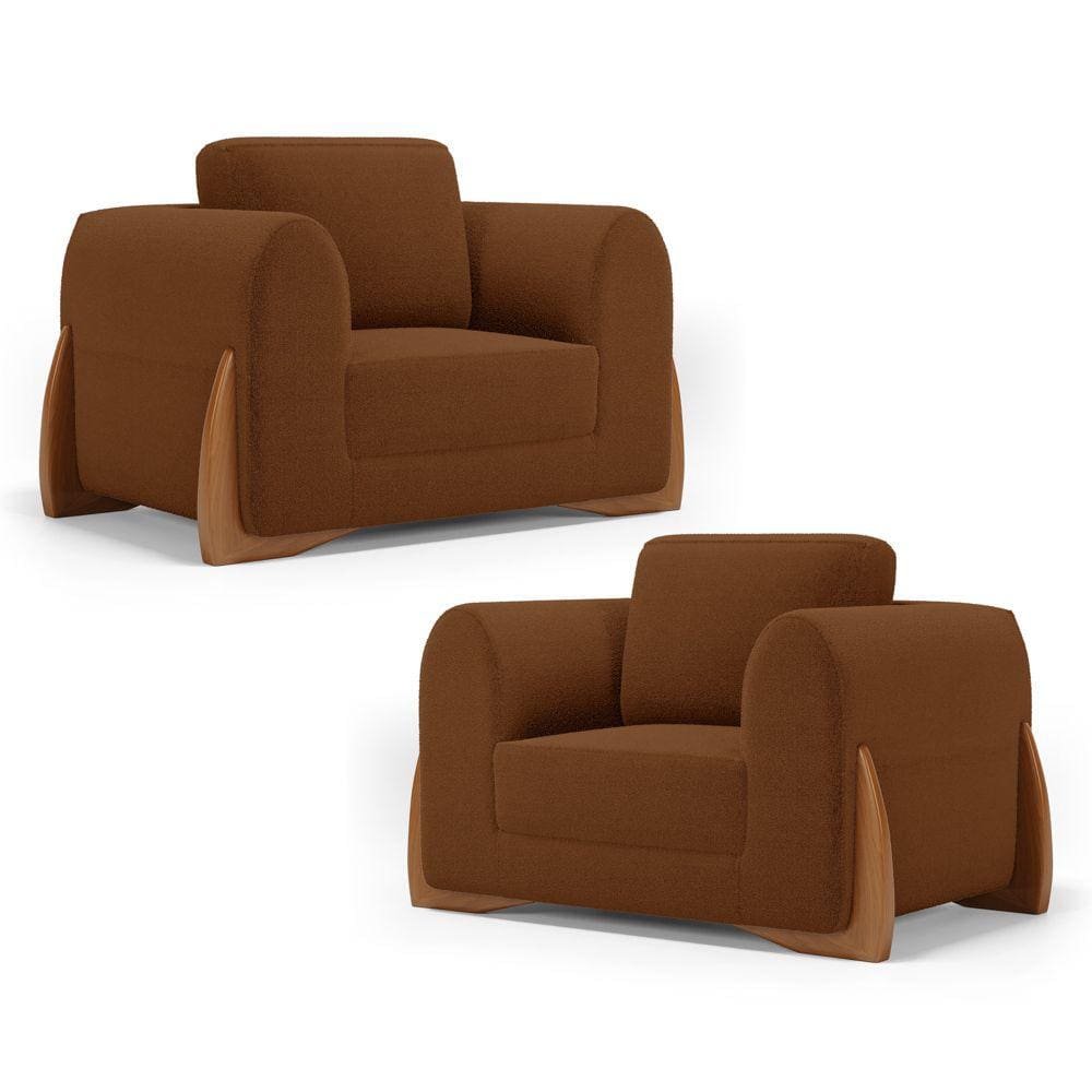 Kit 02 Poltronas Decorativas Living Bloom com Pés de Madeira Bouclê Terracota - Desk Design