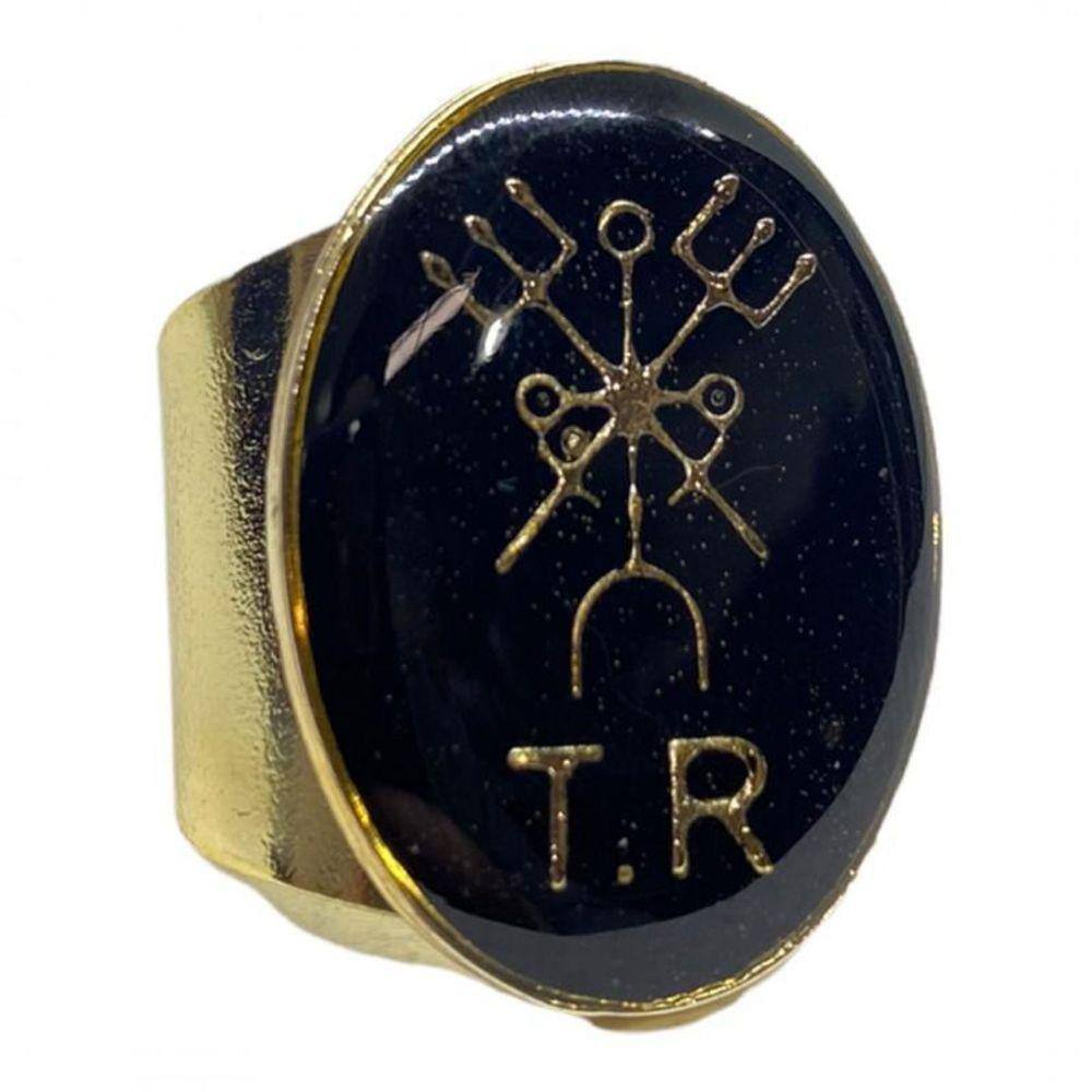 Anel Dourado Ajustável Orixá Exú 2,7 Cm Em Metal - Selecione