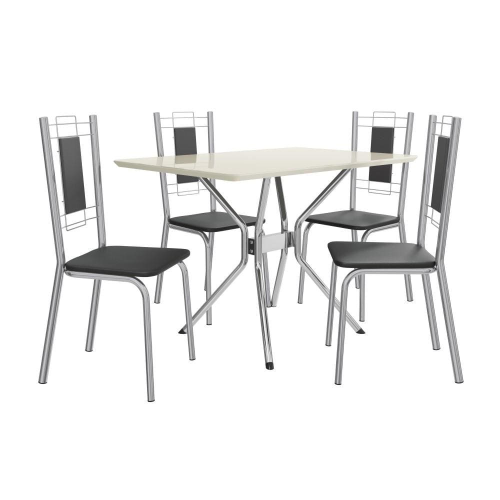 Conjunto Sala de Jantar Kappesberg Crome Tampo de Vidro 4 Cadeiras Cromado Off White Preto