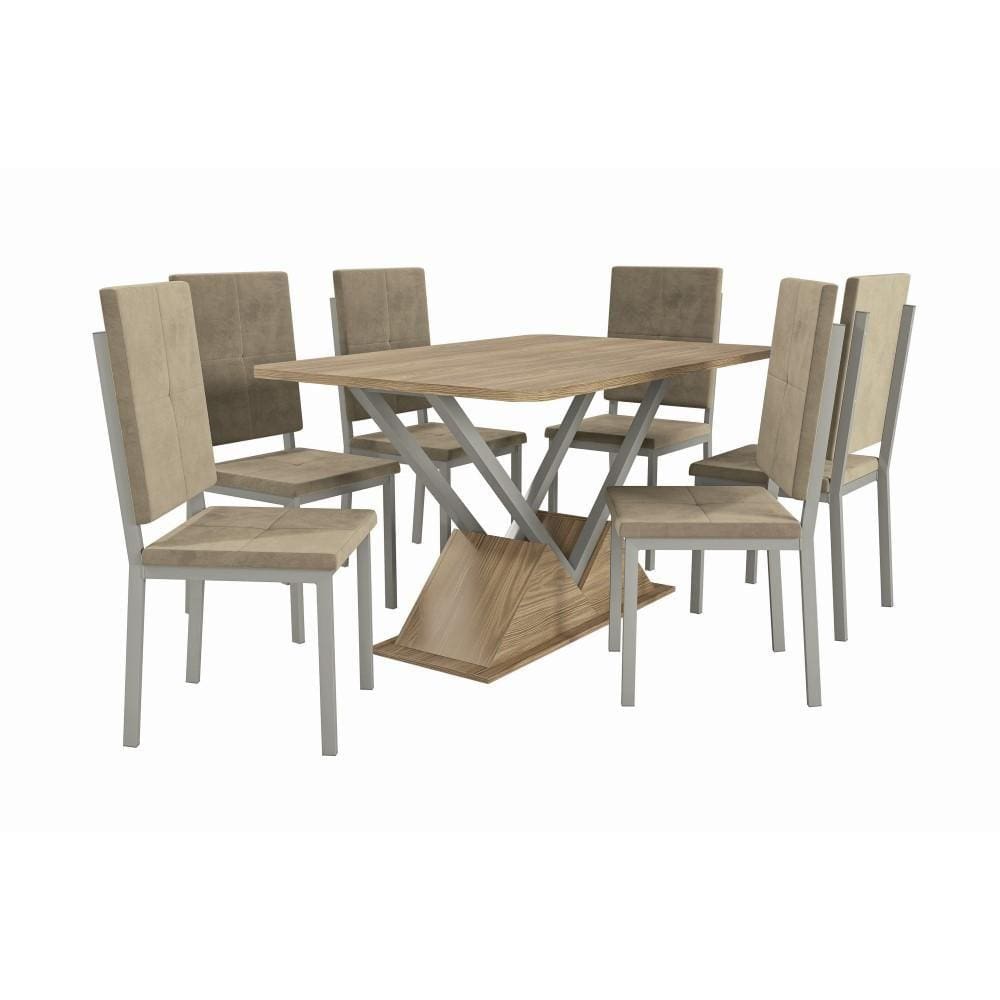 Conjunto Sala de Jantar Kappesberg Crome Tampo de Madeira 6 Cadeiras Nickel Marrom Bege