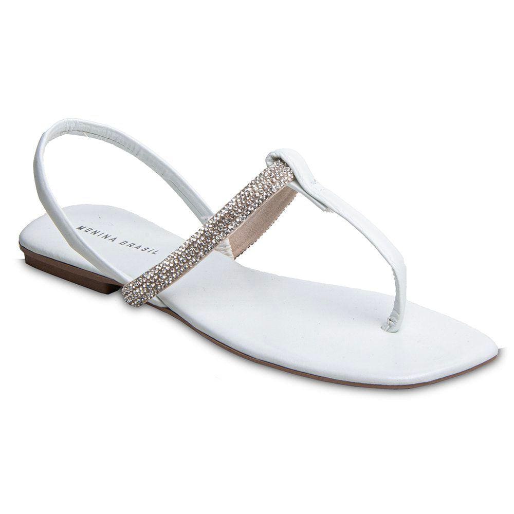 Sandália Rasteira Paula com Strass Branca 2591