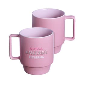 Caneca Nossa Amizade é Eterna Empilhável Porcelana Rosa 400ML