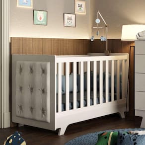 Berço Mini Cama com Capitône Retrô 100% MDF Móveis Peroba Branco/Corino Branco