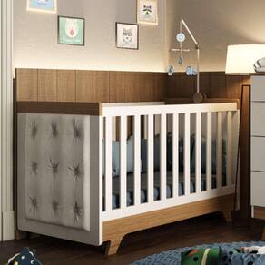 Berço Mini Cama com Capitône Retrô 100% MDF Móveis Peroba Branco/Carvalho/Corino Branco