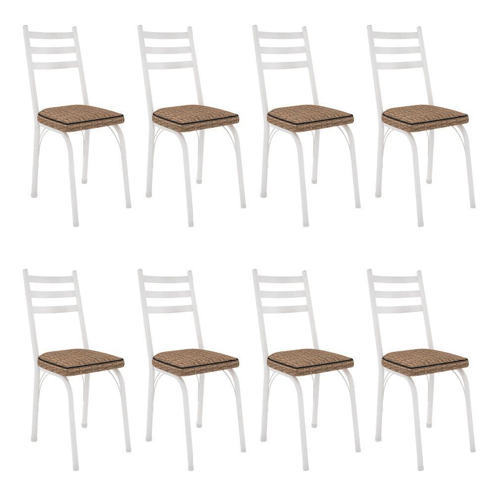 Kit 8 Cadeiras de Cozinha Luisiana Estampado Rattan Bege Pés de Ferro Branco - Pallazio