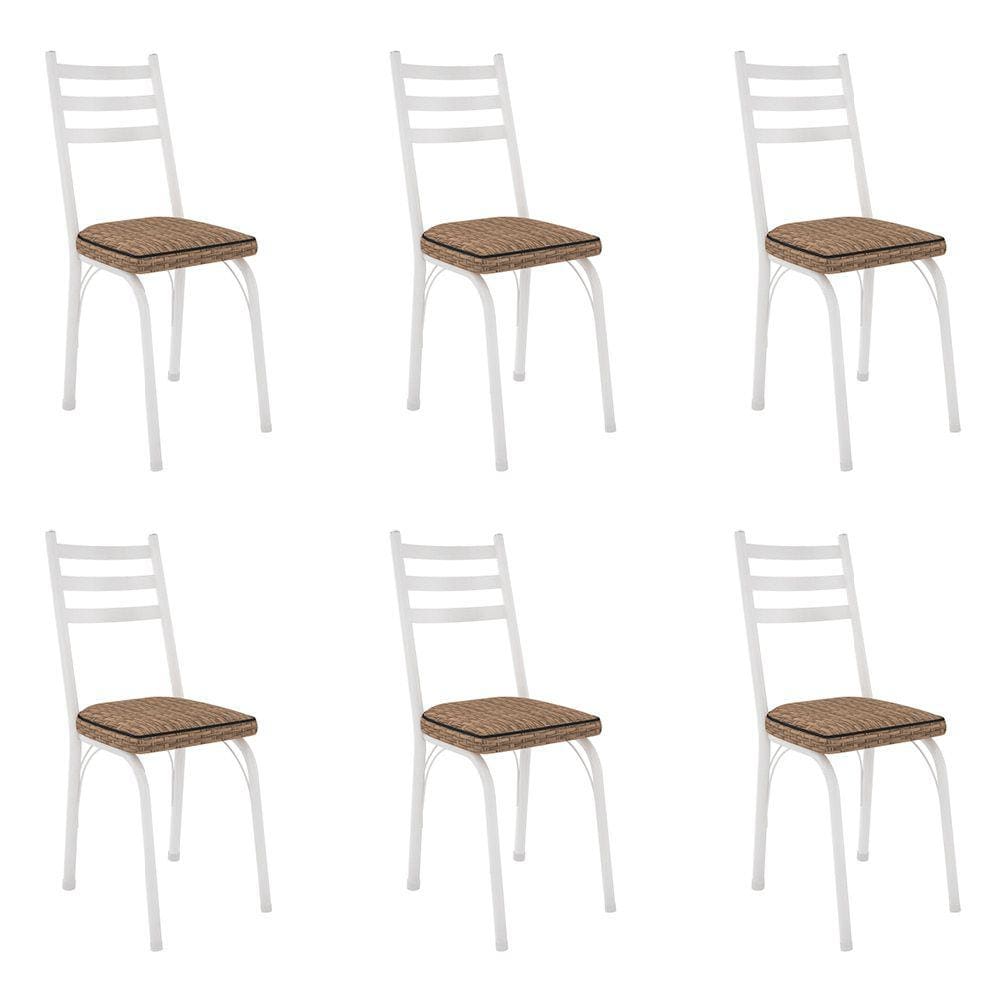 Kit 6 Cadeiras de Cozinha Luisiana Estampado Rattan Bege Pés de Ferro Branco - Pallazio