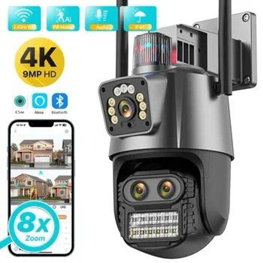 Câmera Externa Wi-Fi Ptz 4K Uhd Com 3 Lentes 2.8M-8M Zoom 8X Icsee