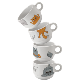Torre com 4 xícaras 180ml café chá Eu amo gatos e café