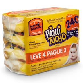 Toalha Umedecida Piquitucho Premium Leve 4 Pague 3 com 4 Pacotes de 60 Unidades cada