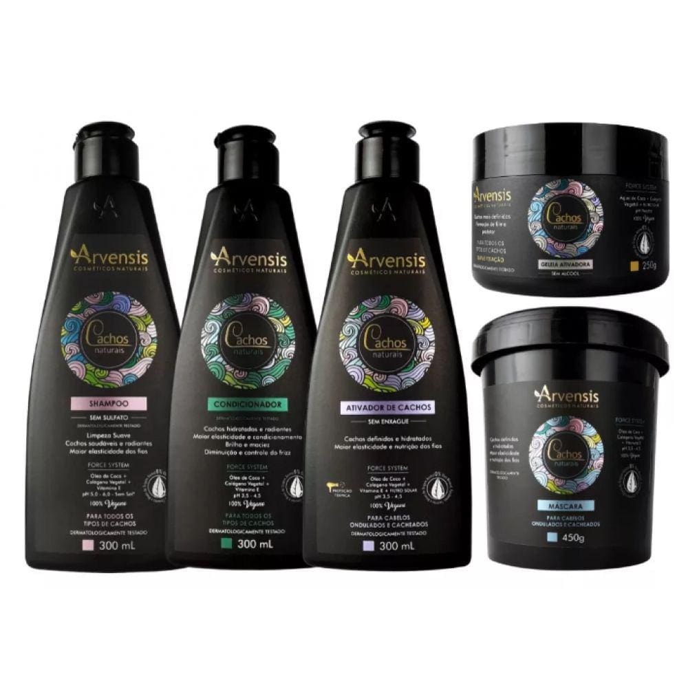 Kit Arvensis Cachos Shampoo Condicionador Ativador Máscara Ondulados Geleia Suave