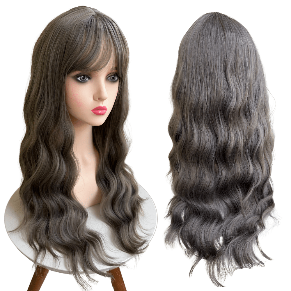 Peruca longa ondulada com franja wig fibra premium 65cm