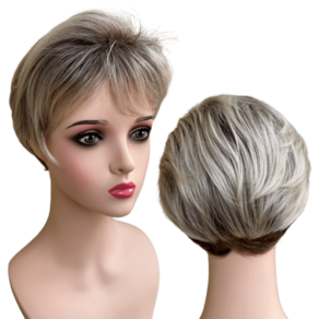 Peruca curta loira claro com mechas e franja platinada ombre