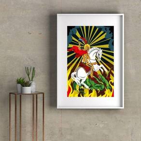 Quadro Decorativo São Jorge Fundo Colorido - 60X48Cm