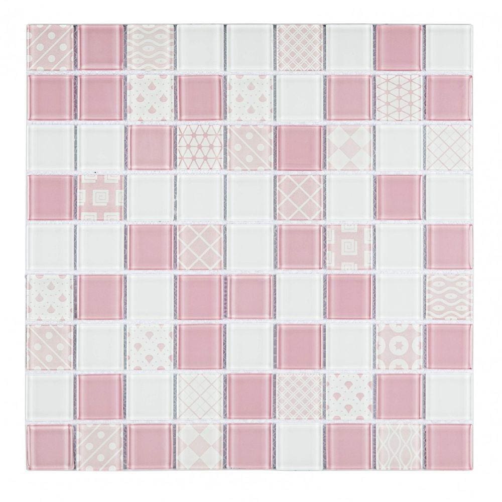 Pastilha de Vidro Mesclada 30cm x 30cm Patchwork Glass Mosaic Placas Branco/Rosa