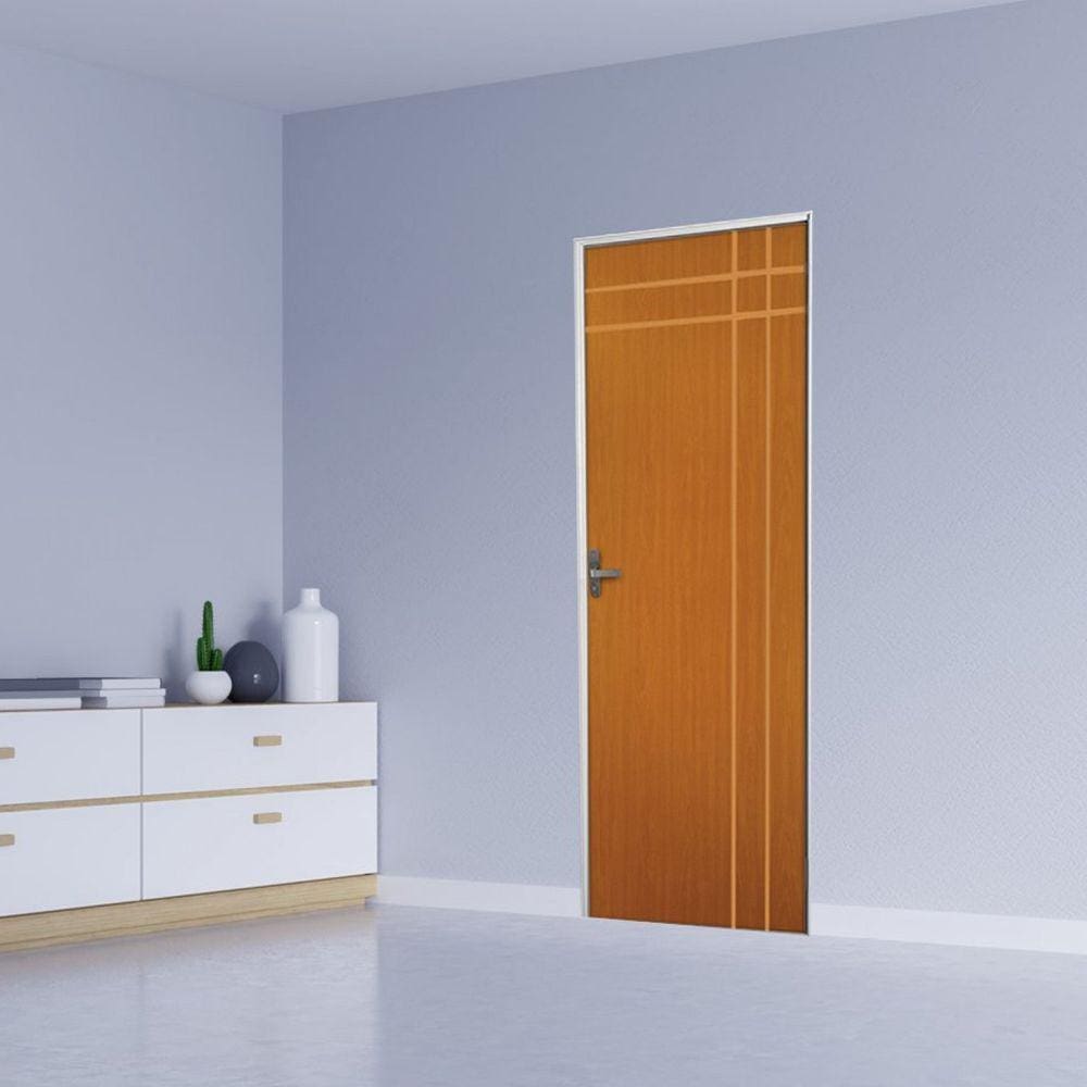 Kit Porta de Madeira Decorada 215x65cm com Batente de Aço 6cm Mantiqueira MGM Mogno
